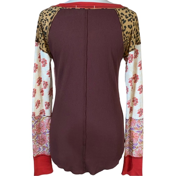 🚫SOLD🚫 Free People Bright Side Thermal in Burgundy with Leopard Floral Sleeves - Picture 5 of 11